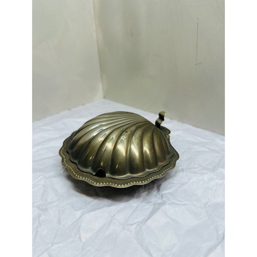 Vintage Tempest Silver Plated Brass Clam Shell Trinket Dish Hinged Caviar Server